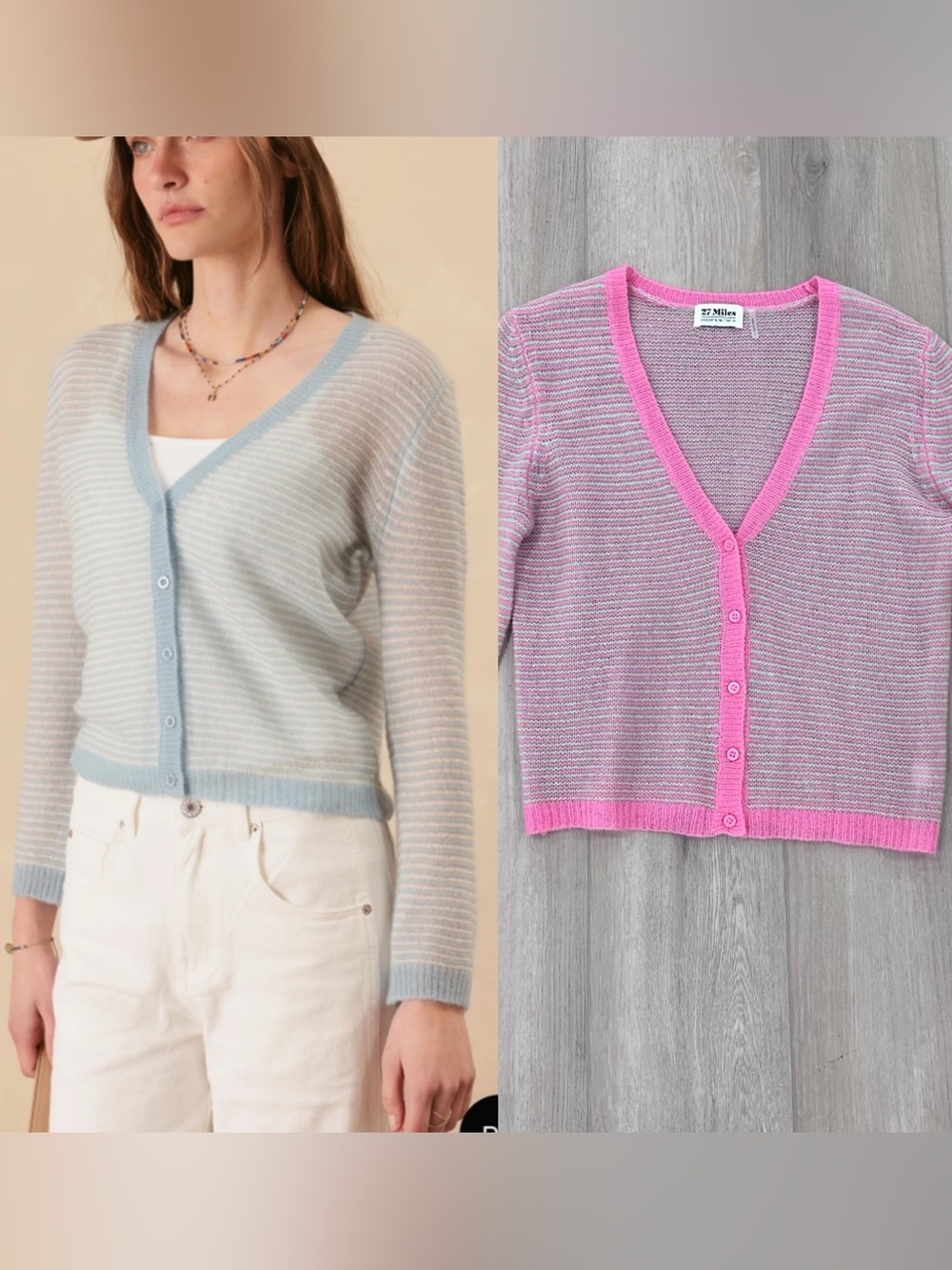 27 Miles kaity mini stripe cashmere silk V neck sweater pink grey small